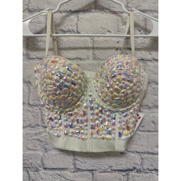 Je'Taime Boutique White Beaded Bustier Corset Adj Straps Back Closures SZ L NWT - Picture 1 of 4
